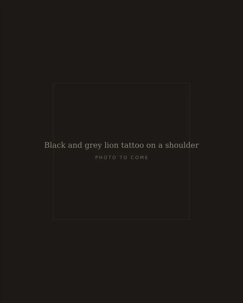 Black and grey lion tattoo on a shoulder, healed