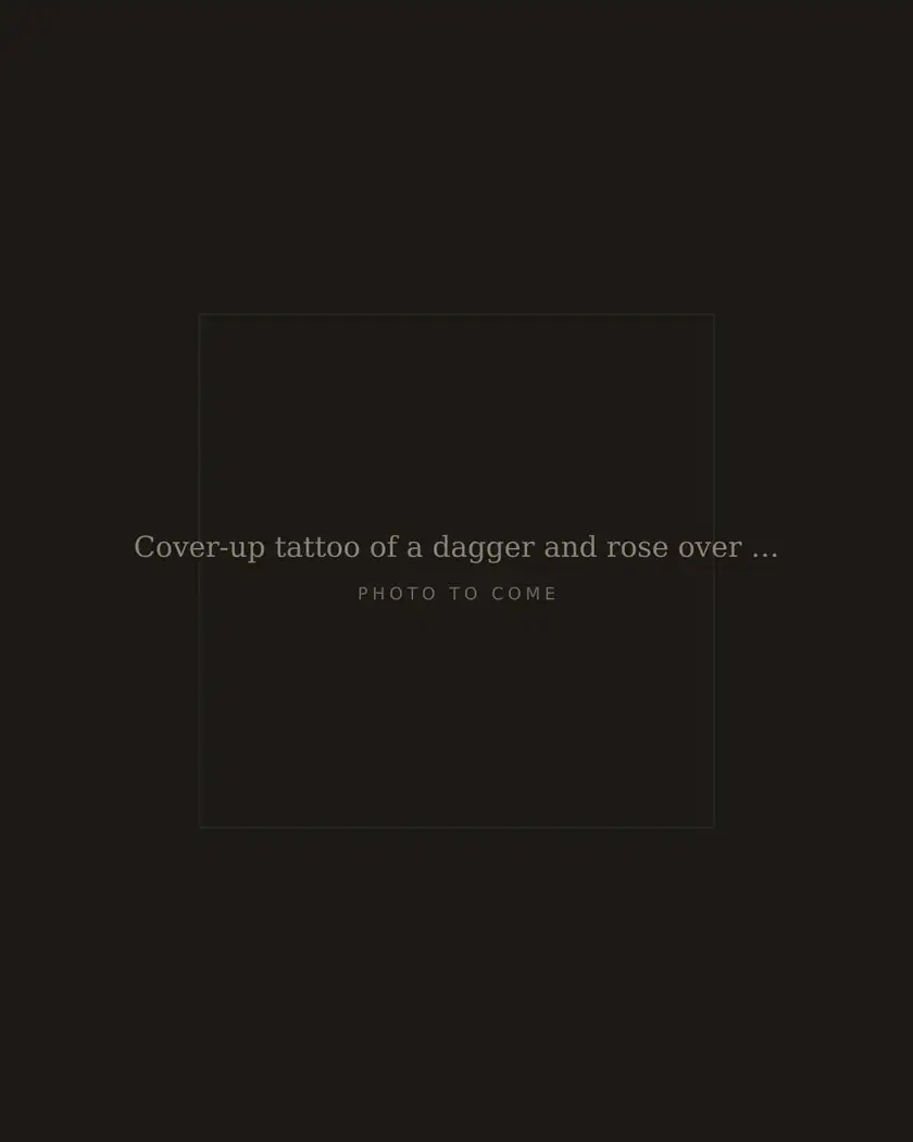 Cover-up tattoo of a dagger and rose over an old name on a forearm, healed