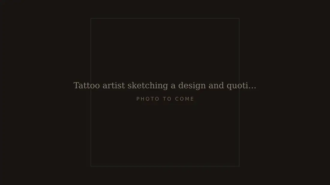 Tattoo artist sketching a design and quoting a piece at the counter of Irish Rose Tattoo in Westerly